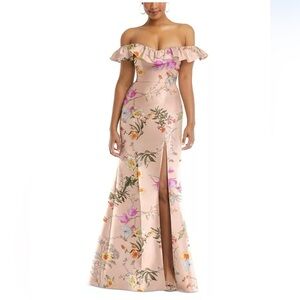 Alfred Sung Women's Off-the-Shoulder Ruffle Neck Floral Satin Trumpet Gown